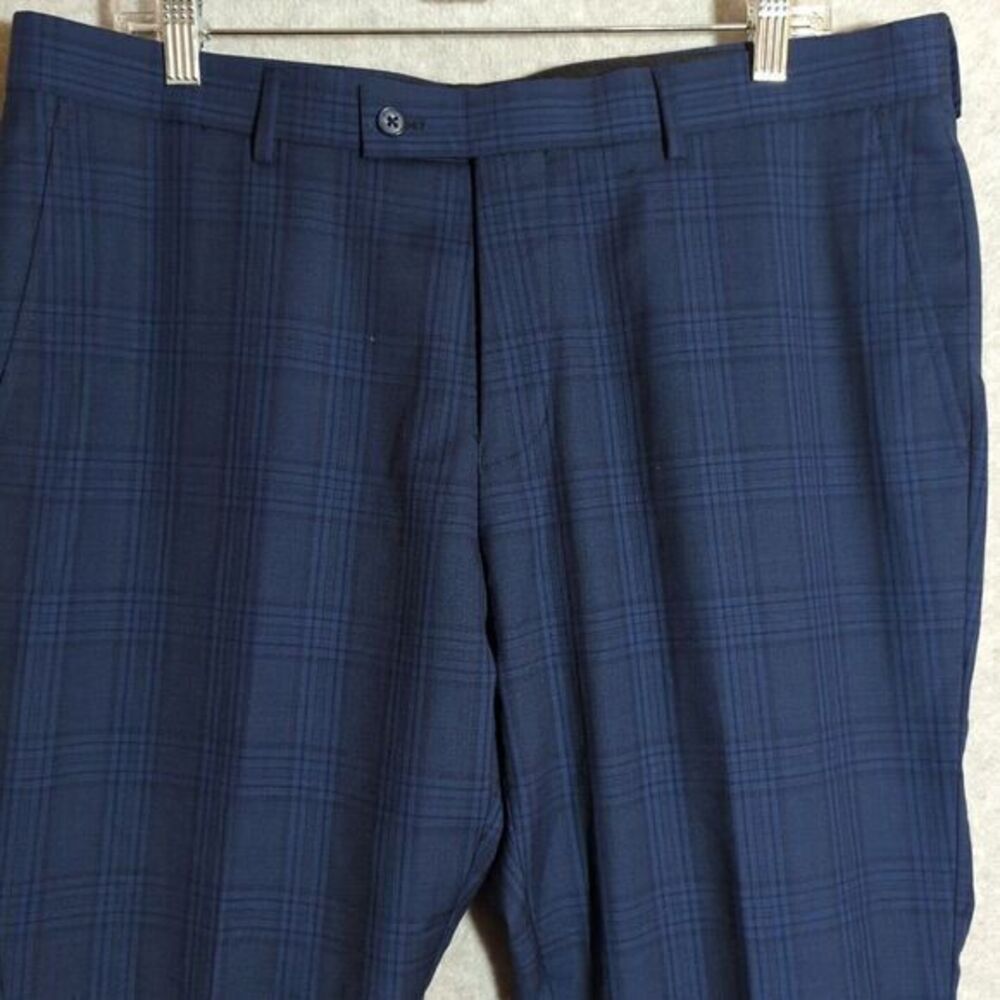Bachrach Wool Dress Plaid Pants 36x27+3 Navy Blue Flat‎ Front New